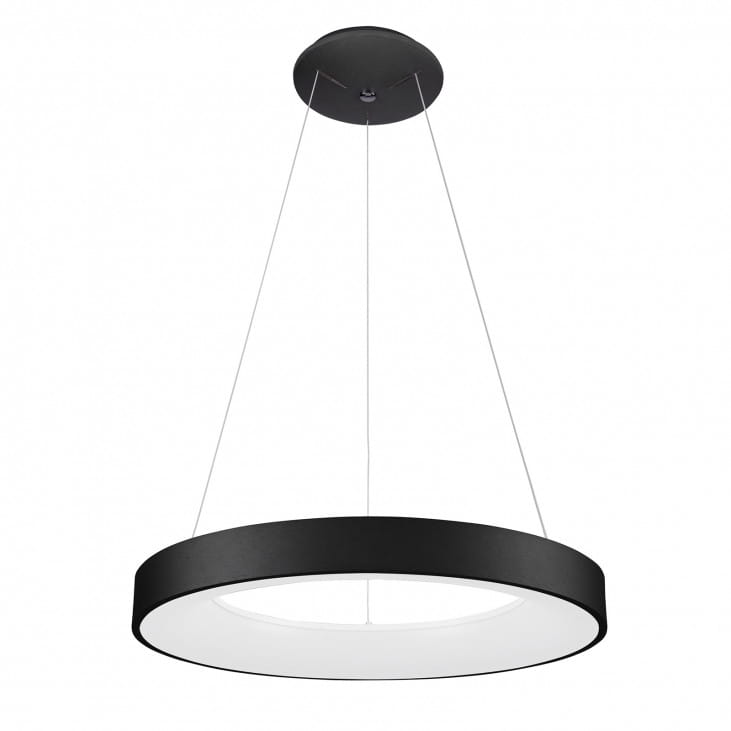 Czarna lampa wisząca Giulia D60 LED z okrągłym kloszem, zawieszona na cienkich linkach. Wewnętrzna część klosza jest biała, co kontrastuje z zewnętrzną czarną ramą. Lampa ma nowoczesny, minimalistyczny design, idealna do wnętrz.