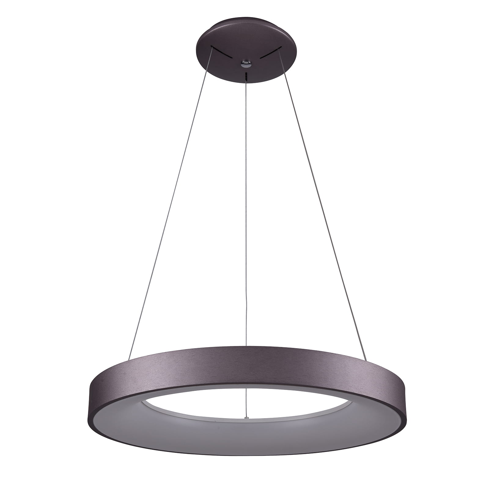 Brązowa lampa wisząca Giulia D60 LED z okrągłym kloszem, zawieszona na cienkich linkach. Klosz z matowego materiału, z białym wnętrzem, emitującym światło. Ujęcie z boku, na białym tle, podkreślające minimalistyczny design.