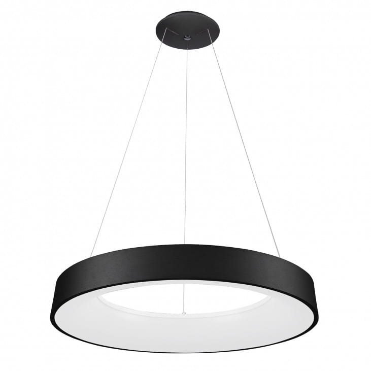 Czarna lampa wisząca Giulia D80 LED z okrągłym kloszem, zawieszona na cienkich linkach. Posiada matowe wykończenie i białe wnętrze, co zapewnia równomierne rozproszenie światła. Zawieszona centralnie, idealna do nowoczesnych wnętrz.