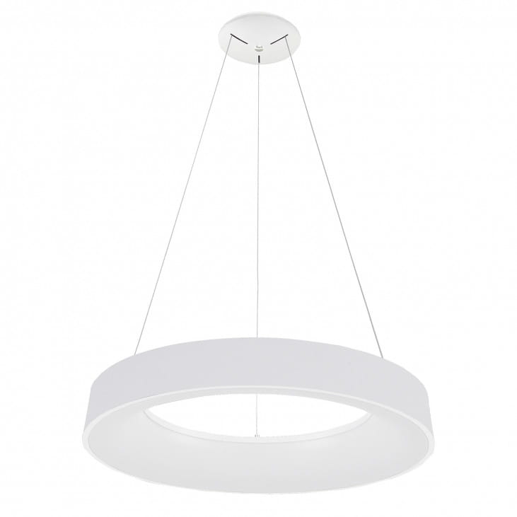 Lampa wisząca Giulia D80 LED w kolorze białym, o okrągłym kształcie. Zawieszona na cienkich linkach, z prostym, minimalistycznym designem. Widoczne elementy montażowe oraz gładka, matowa powierzchnia.