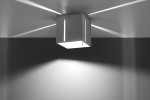 Biała lampa sufitowa 1-punktowa o kwadratowym kształcie, zamontowana na suficie. Wyposażona w dwa wąskie pasy świetlne. Emituje jasne światło, tworząc ciekawe cienie na ścianie. Prosty design pasujący do nowoczesnych wnętrz.
