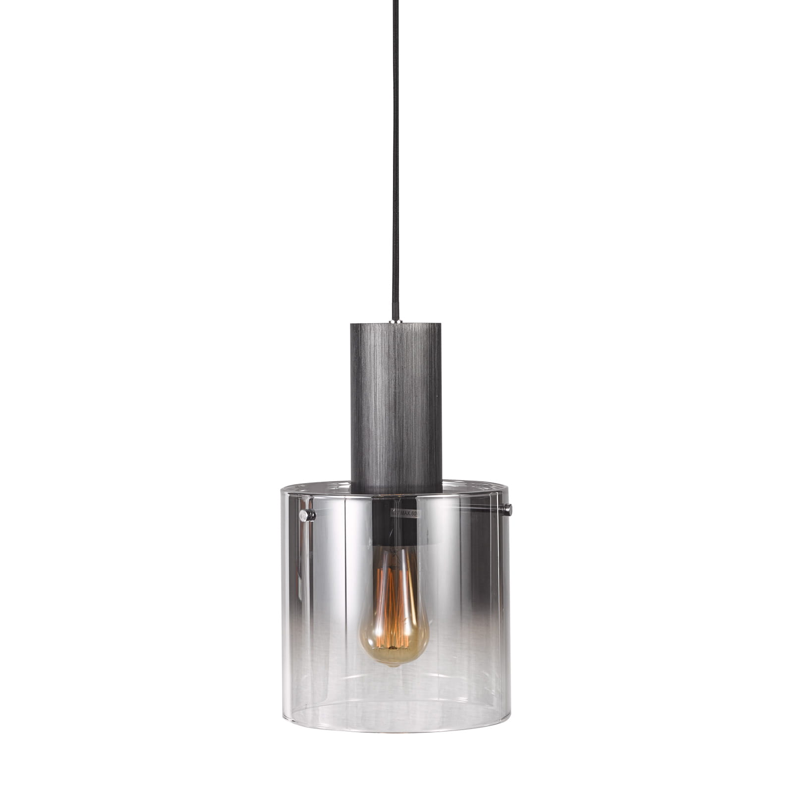Lampa wisząca Javier 1-punktowa, z matowego szkła w kształcie cylindrycznym, z metalowym, szczotkowanym uchwytem w kolorze czarnym. Widoczna żarówka z ciepłym światłem w środku. Produkt zawieszony na czarnym kabelku.
