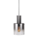 Lampa wisząca Javier 1-punktowa, z matowego szkła w kształcie cylindrycznym, z metalowym, szczotkowanym uchwytem w kolorze czarnym. Widoczna żarówka z ciepłym światłem w środku. Produkt zawieszony na czarnym kabelku.