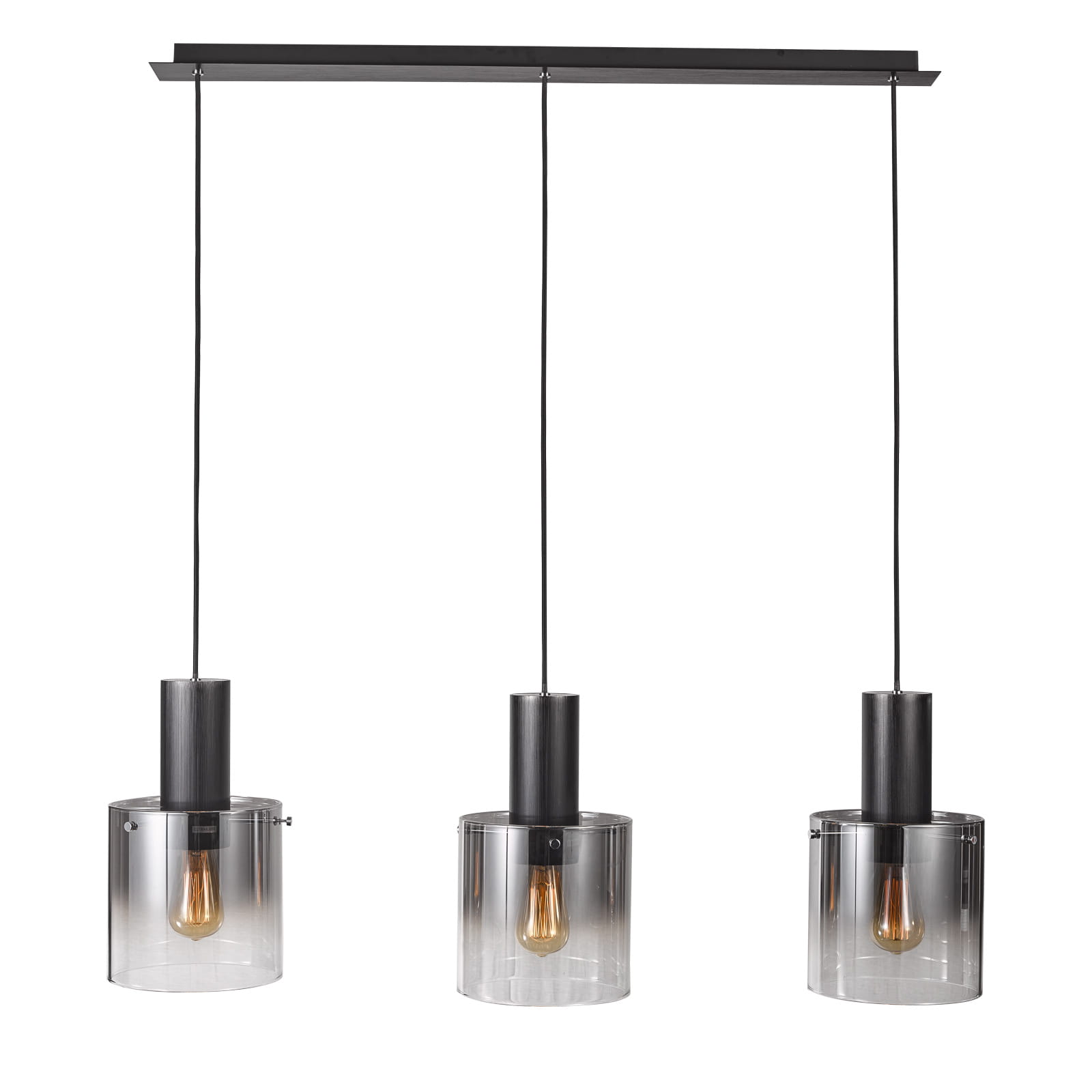 Lampa wisząca Javier 3-punktowa MD17076-3B BK, z trzema szklanymi kloszami w gradientowym odcieniu szarości, zawieszona na czarnych linkach. Metalowe elementy w kolorze czarnym, idealna do nowoczesnych wnętrz.