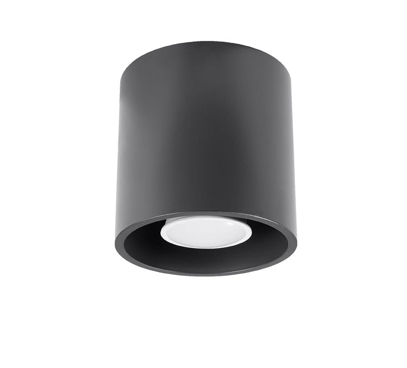 Lampa sufitowa Orbis 1-punktowa w kolorze antracytowym, o cylindrycznym kształcie. Wykończenie matowe, z białą oprawą wewnętrzną. Ujęcie z dołu, ukazujące detal montażu i źródło światła. Idealna do nowoczesnych wnętrz.