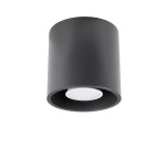 Lampa sufitowa Orbis 1-punktowa w kolorze antracytowym, o cylindrycznym kształcie. Wykończenie matowe, z białą oprawą wewnętrzną. Ujęcie z dołu, ukazujące detal montażu i źródło światła. Idealna do nowoczesnych wnętrz.