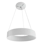 Biała lampa wisząca Mattia D45, 1-punktowa, z okrągłym, teksturowanym kloszem i metalowym mocowaniem. Zawieszona na cienkich linkach, z okrągłą podstawą sufitową. Prosty design idealny do nowoczesnych wnętrz.
