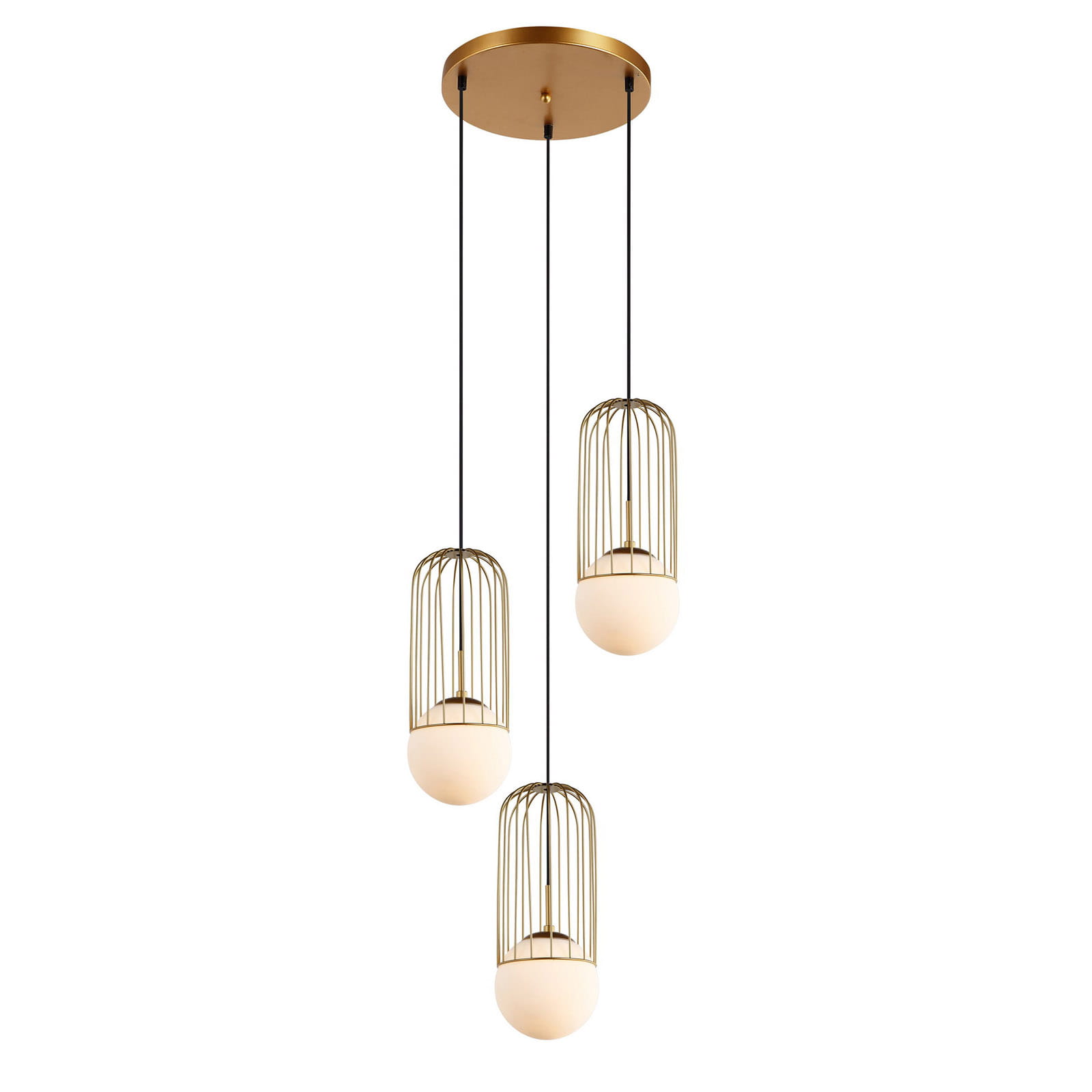Lampa wisząca Matty 3-punktowa w złotym kolorze z trzema kloszami w formie białych kul, osłoniętymi metalowymi klatkami. Ułożona pionowo, zawieszona na czarnych przewodach, montowana do sufitu. Okrągła podsufitka w złotym wykończeniu.