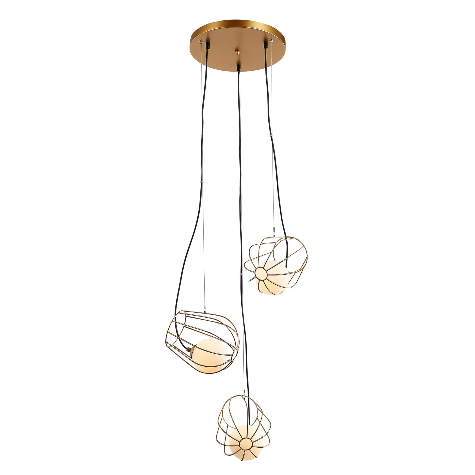 Lampa wisząca Melisa 3-punktowa w kolorze złotym. Trzy klosze w formie siatki z białymi kulami, zawieszone na czarnych przewodach. Ujęcie z góry, na białym tle, podkreślające nowoczesny design i elegancki styl lampy.