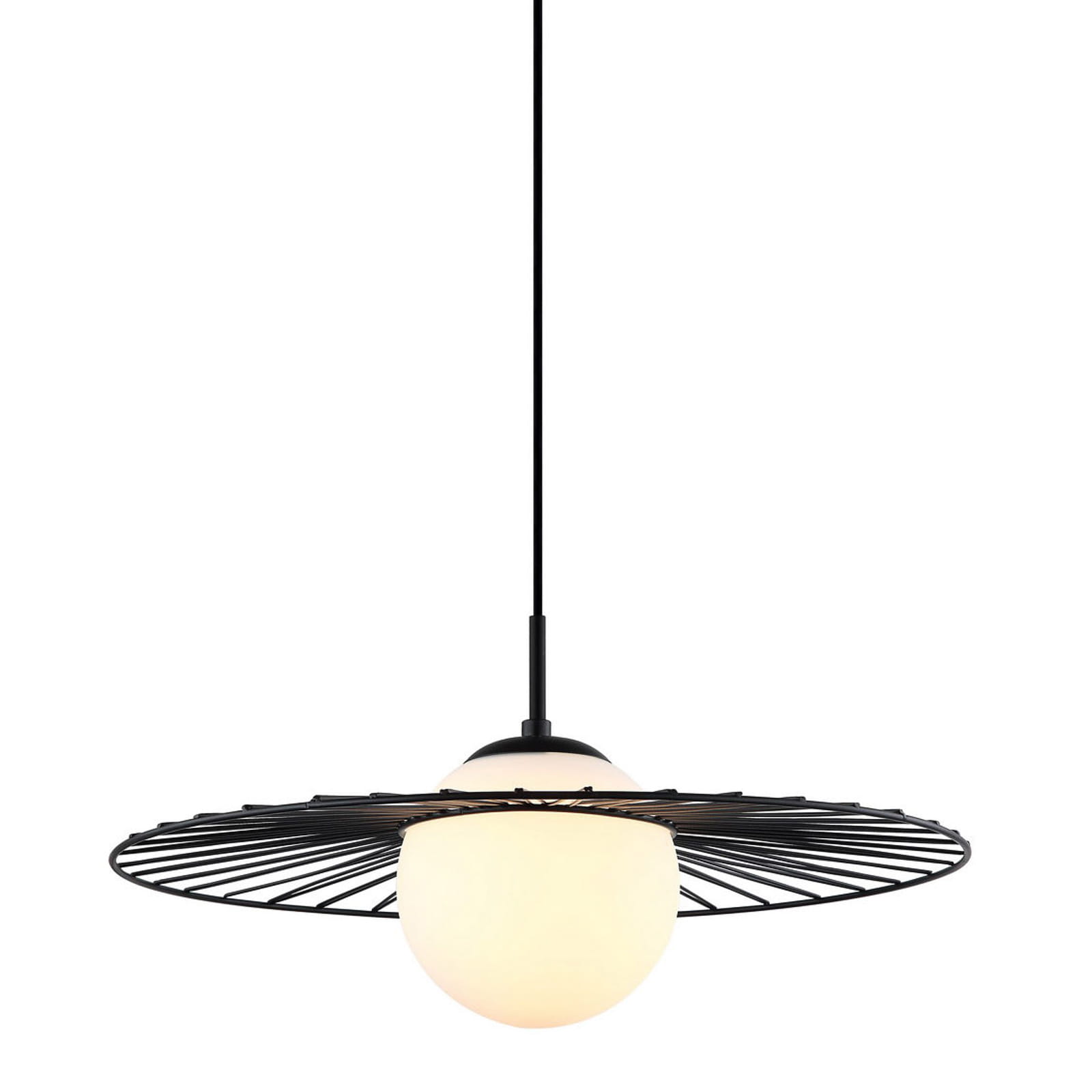 Czarna lampa wisząca Sally MDM-4003/1 BK z okrągłym, białym kloszem i metalowym, ażurowym wiatrakiem. Produkt zawieszony na cienkim przewodzie, widok z boku, podkreślający unikalny kształt i konstrukcję. Idealna do nowoczesnych wnętrz.