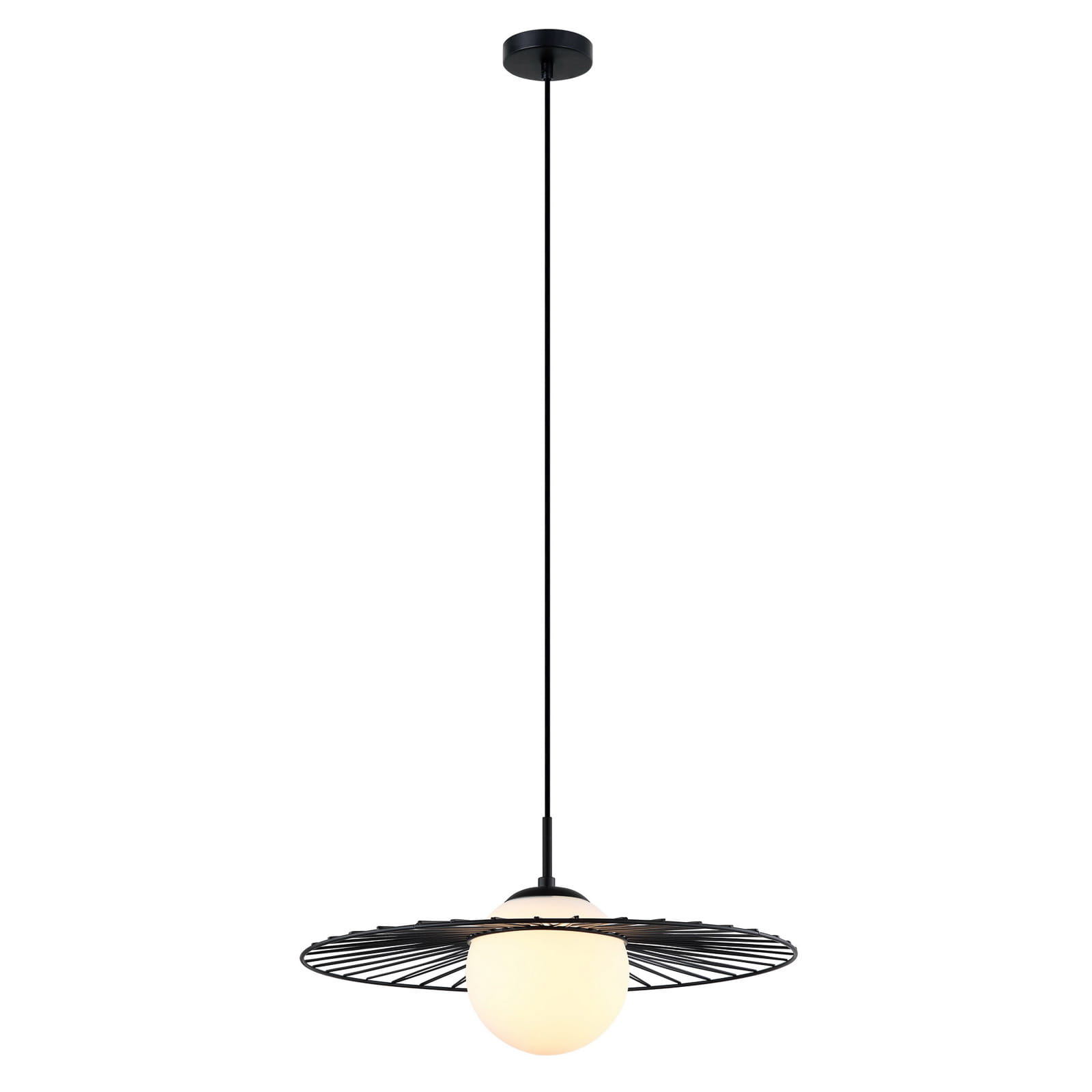 Czarna lampa wisząca Sally MDM-4003/1 BK z okrągłym, matowym kloszem i metalowym, siatkowym abażurem. Zawieszona na cienkim, czarnym przewodzie, idealna do nowoczesnych wnętrz. Ujęcie frontalne, na jednolitym tle.