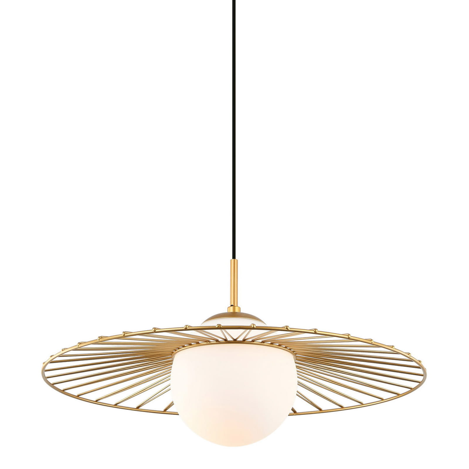 Lampa wisząca Sally 1-punktowa w złotym kolorze z okrągłym kloszem z mlecznego szkła. Kształt złożony z metalowej siatki, zwisająca na czarnym przewodzie. Idealna do nowoczesnych aranżacji wnętrz.