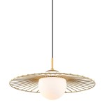 Lampa wisząca Sally 1-punktowa w złotym kolorze z okrągłym kloszem z mlecznego szkła. Kształt złożony z metalowej siatki, zwisająca na czarnym przewodzie. Idealna do nowoczesnych aranżacji wnętrz.