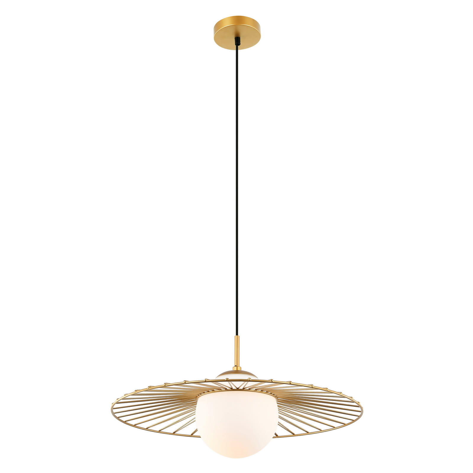 Lampa wisząca Sally 1-punktowa w kolorze złotym z okrągłą matową osłoną, zawieszona na czarnym kablu. Posiada metalową, ażurową podstawę w kształcie talerza, tworząc elegancki element wystroju wnętrza.