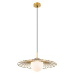 Lampa wisząca Sally 1-punktowa w kolorze złotym z okrągłą matową osłoną, zawieszona na czarnym kablu. Posiada metalową, ażurową podstawę w kształcie talerza, tworząc elegancki element wystroju wnętrza.