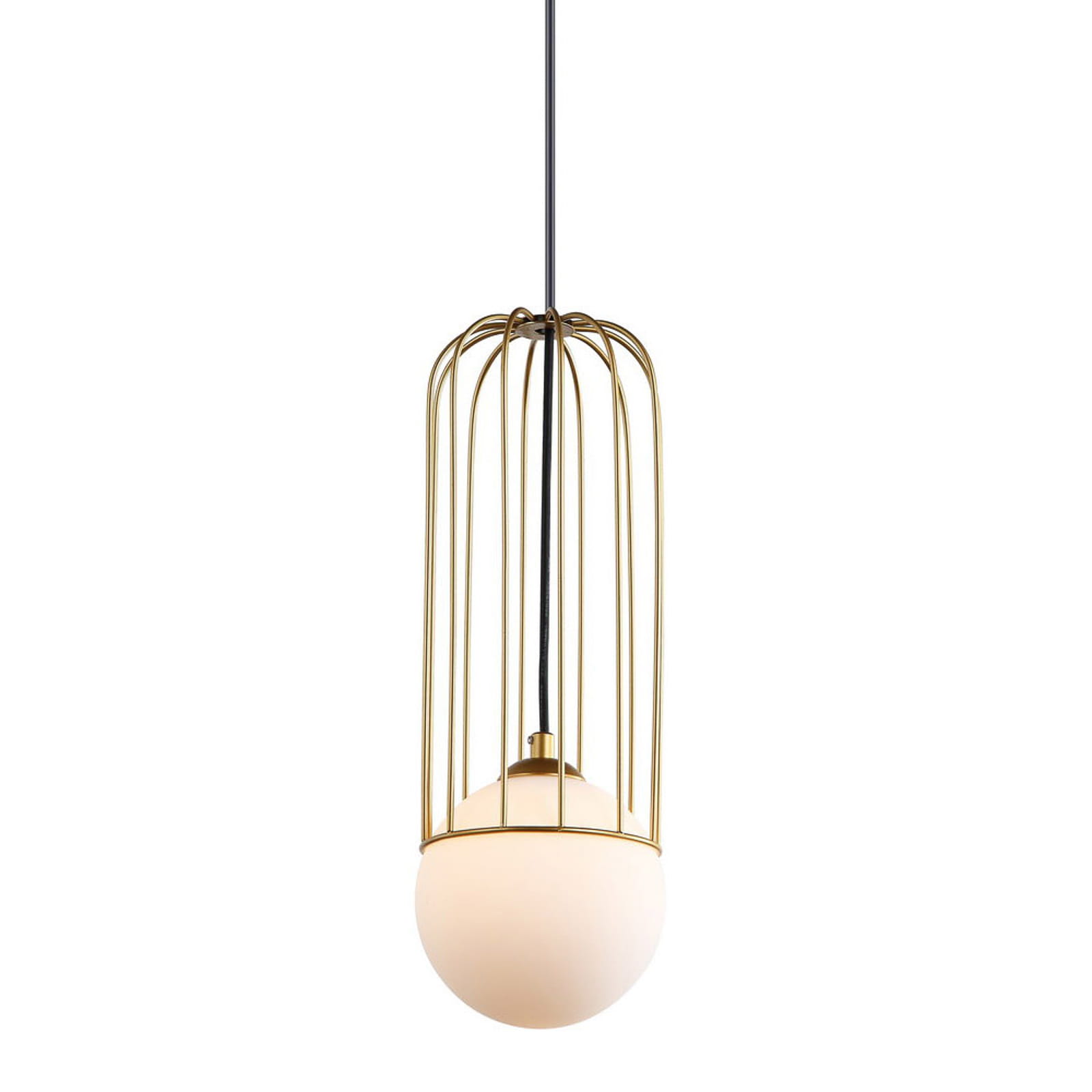 Lampa wisząca Simon 1-punktowa w złotym kolorze z metalowym kloszem w formie siatki, z białym okrągłym źródłem światła na dole. Ujęcie frontalne, zawieszona na czarnym przewodzie. Idealna do nowoczesnych wnętrz.
