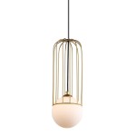 Lampa wisząca Simon 1-punktowa w złotym kolorze z metalowym kloszem w formie siatki, z białym okrągłym źródłem światła na dole. Ujęcie frontalne, zawieszona na czarnym przewodzie. Idealna do nowoczesnych wnętrz.