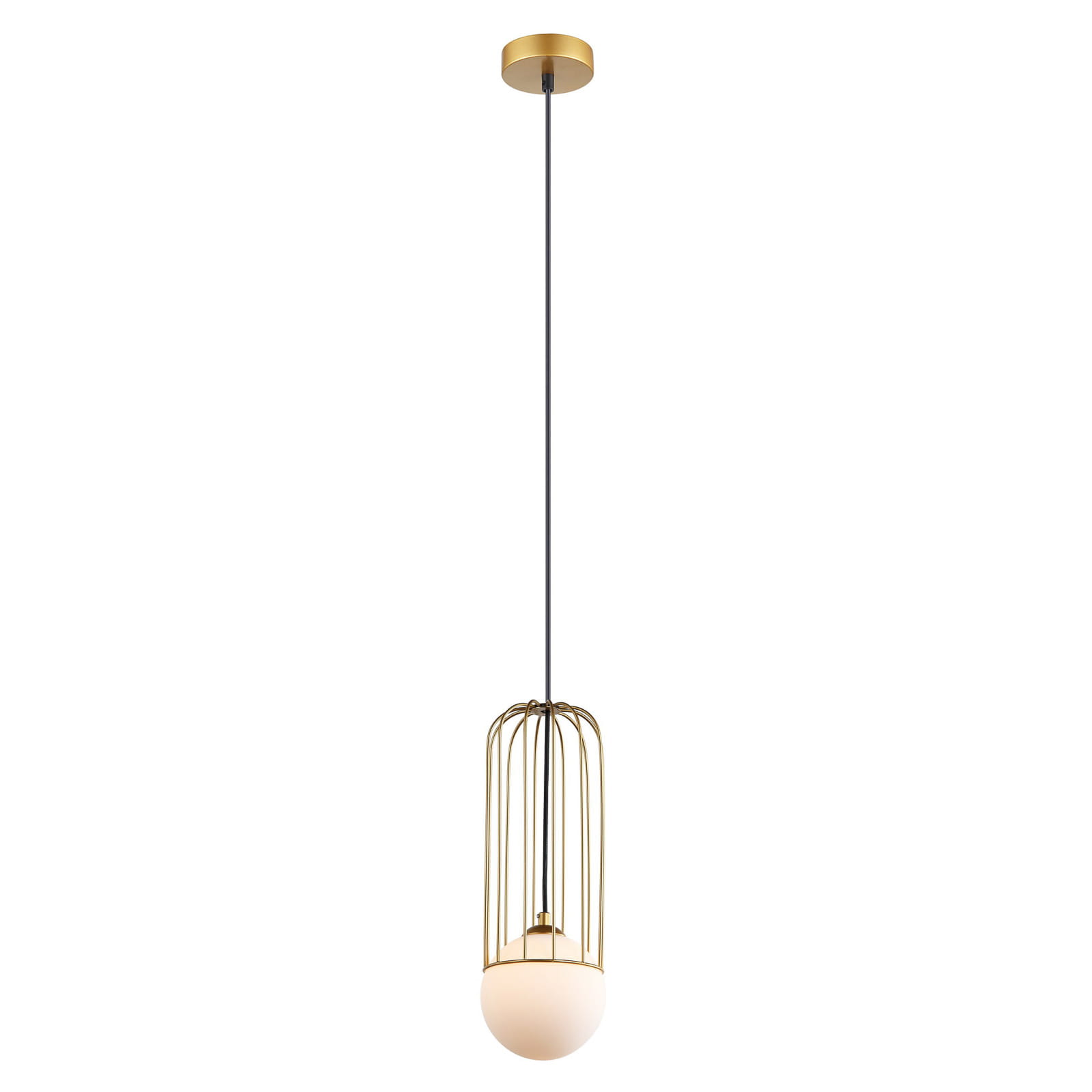 Lampa wisząca Simon 1-punktowa w kolorze złotym, z metalową klatką i białą, okrągłą osłoną. Zawieszona na czarnym przewodzie, wisząca z sufitu. Prosta forma, idealna do nowoczesnych wnętrz.