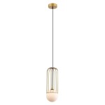 Lampa wisząca Simon 1-punktowa w kolorze złotym, z metalową klatką i białą, okrągłą osłoną. Zawieszona na czarnym przewodzie, wisząca z sufitu. Prosta forma, idealna do nowoczesnych wnętrz.