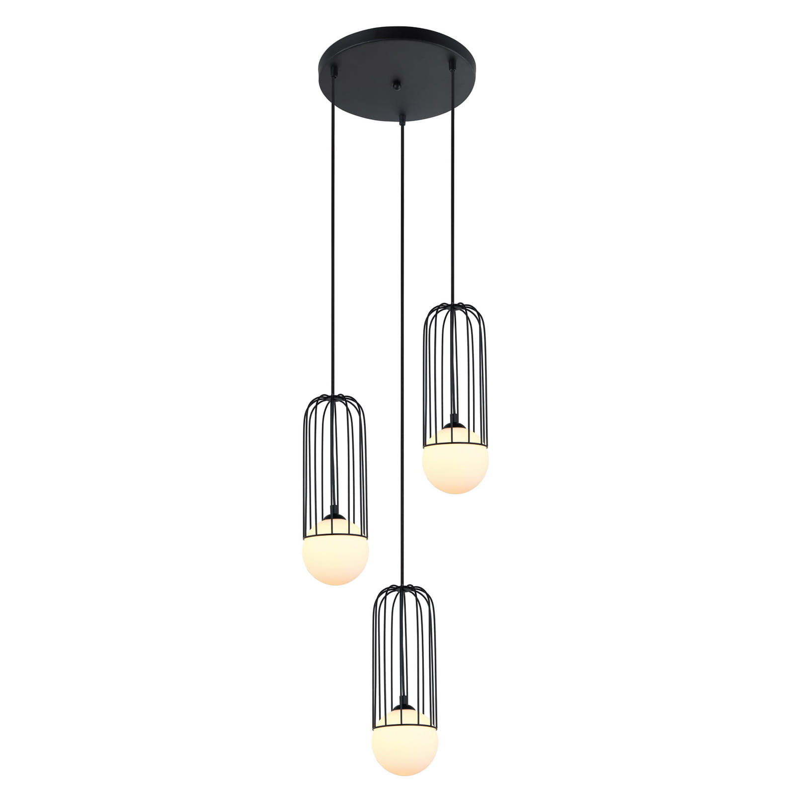 Czarna lampa wisząca Simon z trzema punktami świetlnymi, każda w metalowej klatce, z okrągłymi, mlecznymi kloszami. Produkt zawieszony na długich linkach, montowany na okrągłej podstawie sufitowej. Tło białe, minimalistyczne.