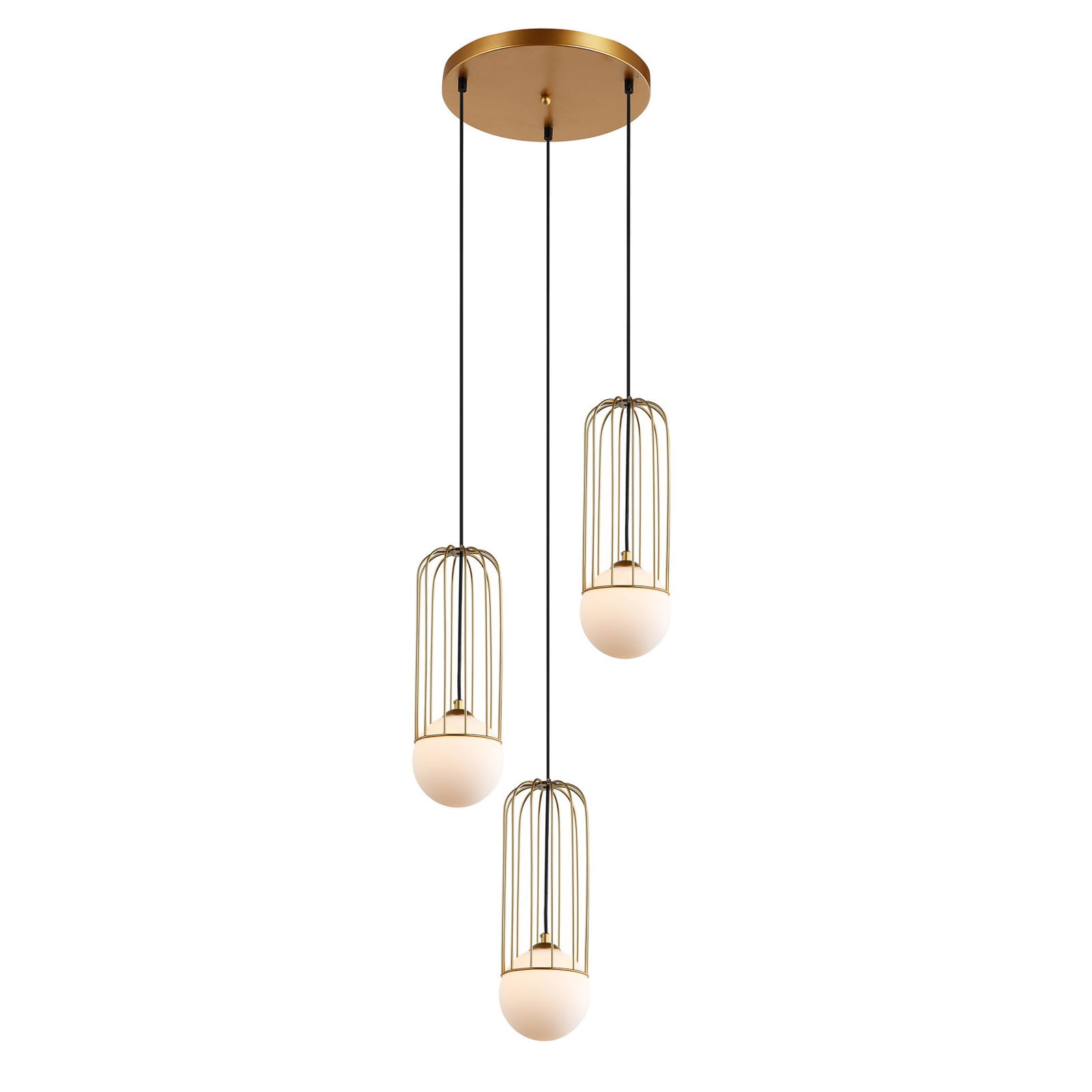 Lampa wisząca Simon 3-punktowa w kolorze złotym, z trzema okrągłymi kloszami w białym kolorze, zamkniętymi w metalowych, złotych klatkach. Produkt zawieszony na czarnych linkach, montowany do sufitu, z okrągłą podstawą.