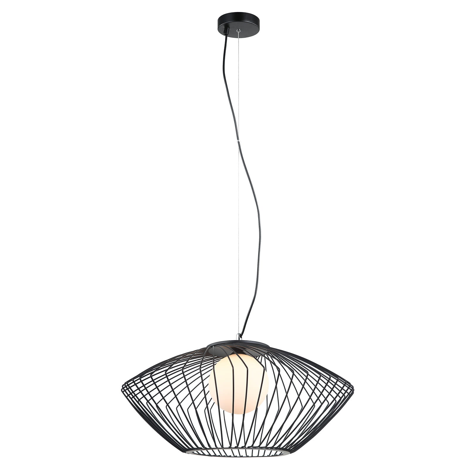 Czarna lampa wisząca Zeno 1-punktowa MDM-3844-1 BK z metalowym kloszem w formie siatki, z okrągłym, białym źródłem światła wewnątrz. Zawieszona na cienkim, czarnym przewodzie z metalowym mocowaniem sufitowym.