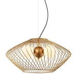 Lampa wisząca Zeno 3-punktowa w kolorze złotym, o siatkowej konstrukcji. Wyposażona w trzy źródła światła, w tym jedną złotą kulę i dwie mleczne, okrągłe klosze. Wisi na czarnym przewodzie, prezentując nowoczesny design.