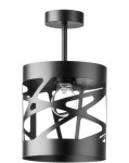 Czarna lampa sufitowa 1-punktowa Moduł Frez D17,5 z metalowym kloszem o nowoczesnym, ażurowym wzorze. Widoczna żarówka w środku. Ujęcie frontalne, produkt zamontowany na suficie.