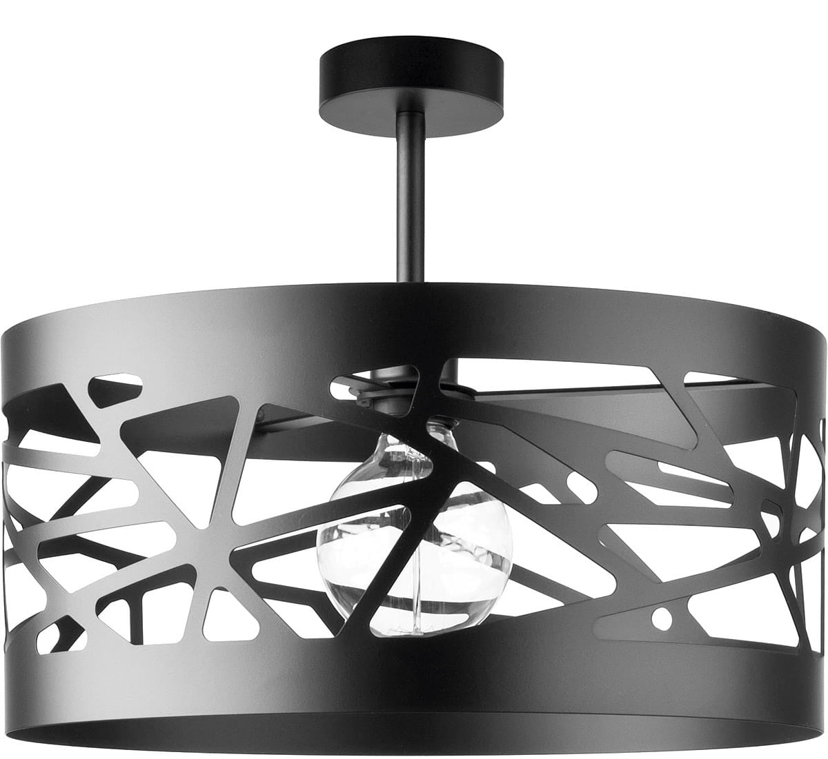 Czarna lampa sufitowa 1-punktowa Moduł Frez D39 z metalowym kloszem o nowoczesnym, ażurowym wzorze. Widoczna przezroczysta żarówka w centralnej części, zawieszona na cienkim drucie. Ujęcie z dołu, ukazujące detale i kształt lampy.