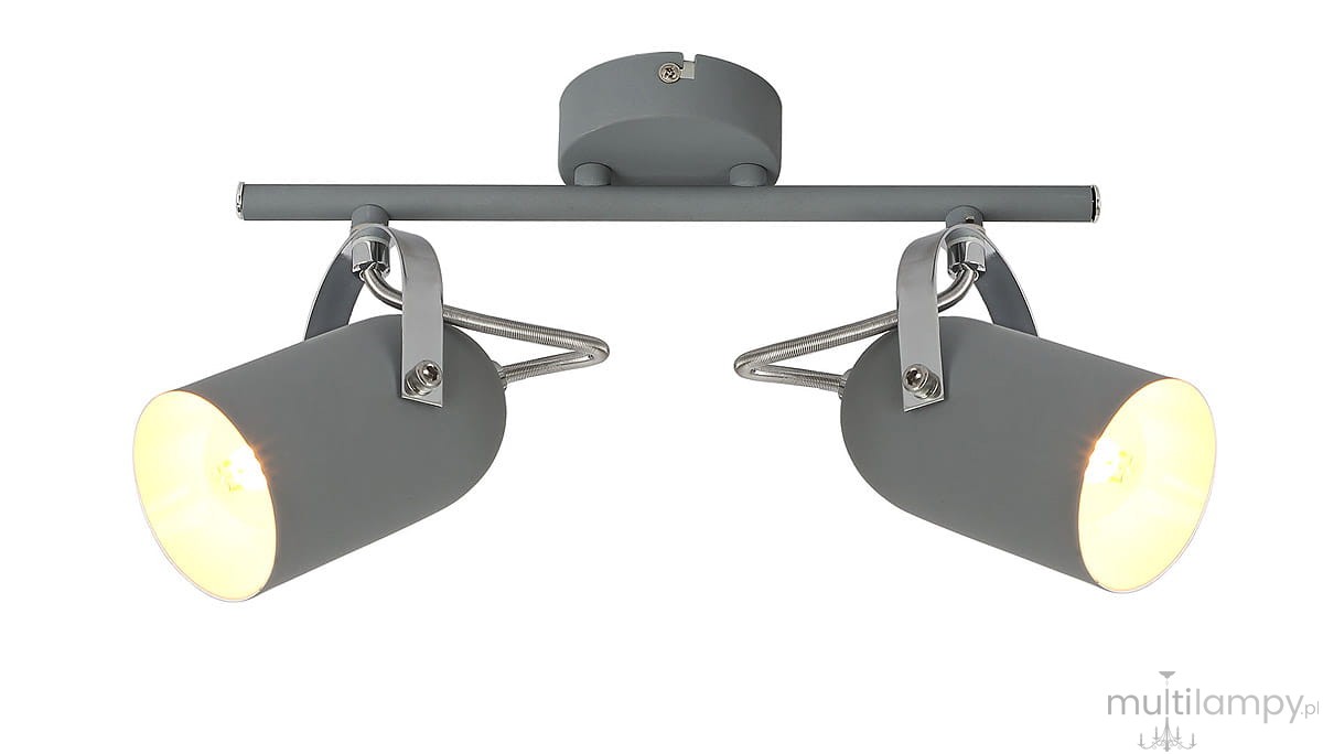 Sufitowa lampa (spot) 2-punktowa w kolorze szarym. Posiada dwa cylindryczne klosze zamocowane na metalowej listwie. Klosze są regulowane, co pozwala na skierowanie światła w różne strony. Montowana na suficie, przeznaczona do oświetlenia wnętrz.