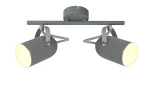 Sufitowa lampa (spot) 2-punktowa w kolorze szarym. Posiada dwa cylindryczne klosze zamocowane na metalowej listwie. Klosze są regulowane, co pozwala na skierowanie światła w różne strony. Montowana na suficie, przeznaczona do oświetlenia wnętrz.
