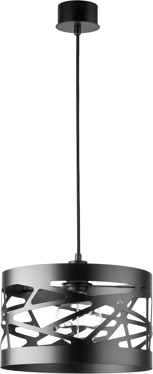 Czarna lampa wisząca 1-punktowa Moduł Frez D30 z metalowym kloszem o nowoczesnym wzorze. Zawieszona na czarnym przewodzie, z widoczną żarówką w środku. Ujęcie frontalne, z góry.
