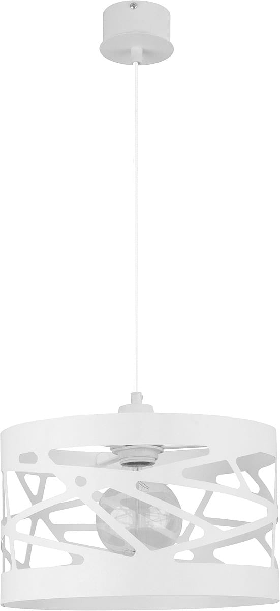 Biała lampa wisząca 1-punktowa Moduł Frez D30 z dekoracyjnym kloszem o geometrycznym wzorze. Zawieszona na białym przewodzie, z żarówką w środku, montowana do sufitu. Klosz ma okrągły kształt i otwarte elementy, co pozwala na rozproszenie światła.