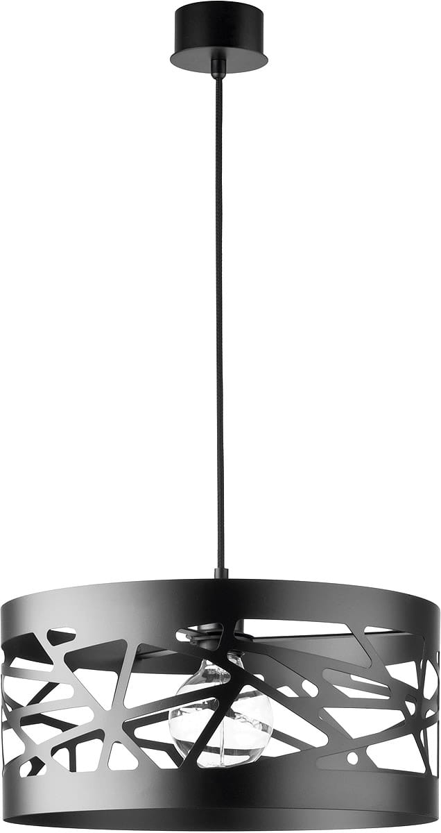 Czarna lampa wisząca 1-punktowa Moduł Frez D39 z metalowym kloszem o ażurowym wzorze, z przezroczystą żarówką widoczną w środku. Zawieszona na czarnym przewodzie, montowana do sufitu. Klosz o cylindrycznym kształcie, o nowoczesnym designie.