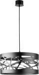 Czarna lampa wisząca 1-punktowa Moduł Frez D39 z metalowym kloszem o ażurowym wzorze, z przezroczystą żarówką widoczną w środku. Zawieszona na czarnym przewodzie, montowana do sufitu. Klosz o cylindrycznym kształcie, o nowoczesnym designie.