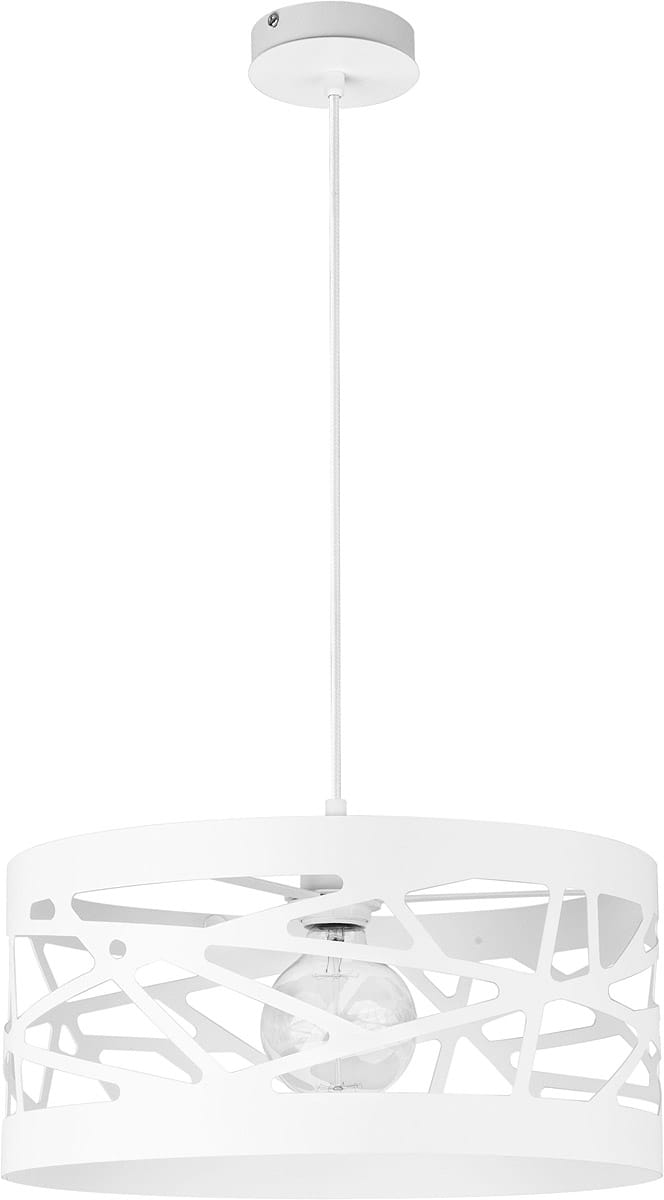 Biała lampa wisząca Moduł Frez D39 o okrągłej, perforowanej osłonie, zawieszona na białym przewodzie. W centralnej części widoczna żarówka w przezroczystym kloszu. Ujęcie frontalne, ukazujące szczegóły wzoru oraz kształt lampy.