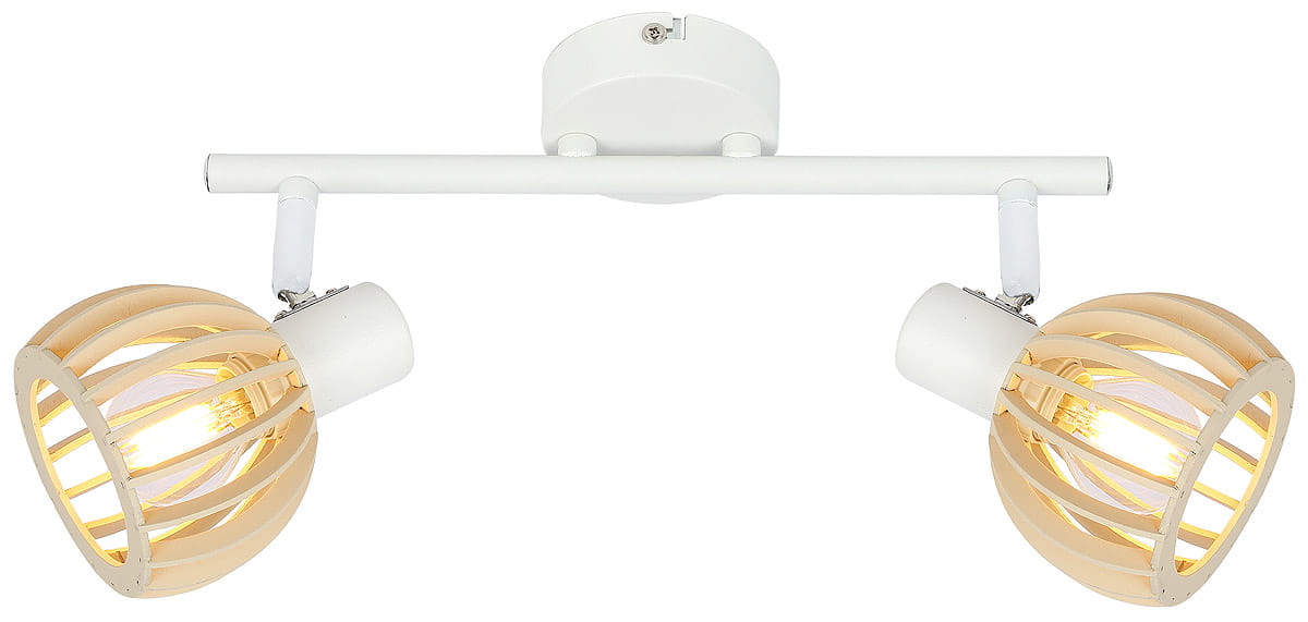 Lampa sufitowa Atarri 2-punktowa, biała, z metalowym stelażem i kloszami w kolorze jasnego drewna. Klosze w formie otwartych cylindrów z poziomymi szczelinami, montowana na suficie. Idealna do oświetlenia wnętrz.