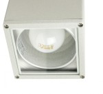 Lampa sufitowa elewacyjna Adela 1-punktowa w kolorze aluminium 8003. Kwadratowa obudowa z przezroczystym szkłem, widoczna żarówka LED wewnątrz. Ujęcie z góry, pokazujące fakturę materiału i detal montażowy.