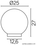 Lampa stojąca ogrodowa Alekule, 1-punktowa, okrągła kula o średnicy 25 cm, wysokości 27 cm i podstawie 12,6 cm. Produkt ukazany w widoku z przodu z wyraźnymi wymiarami.