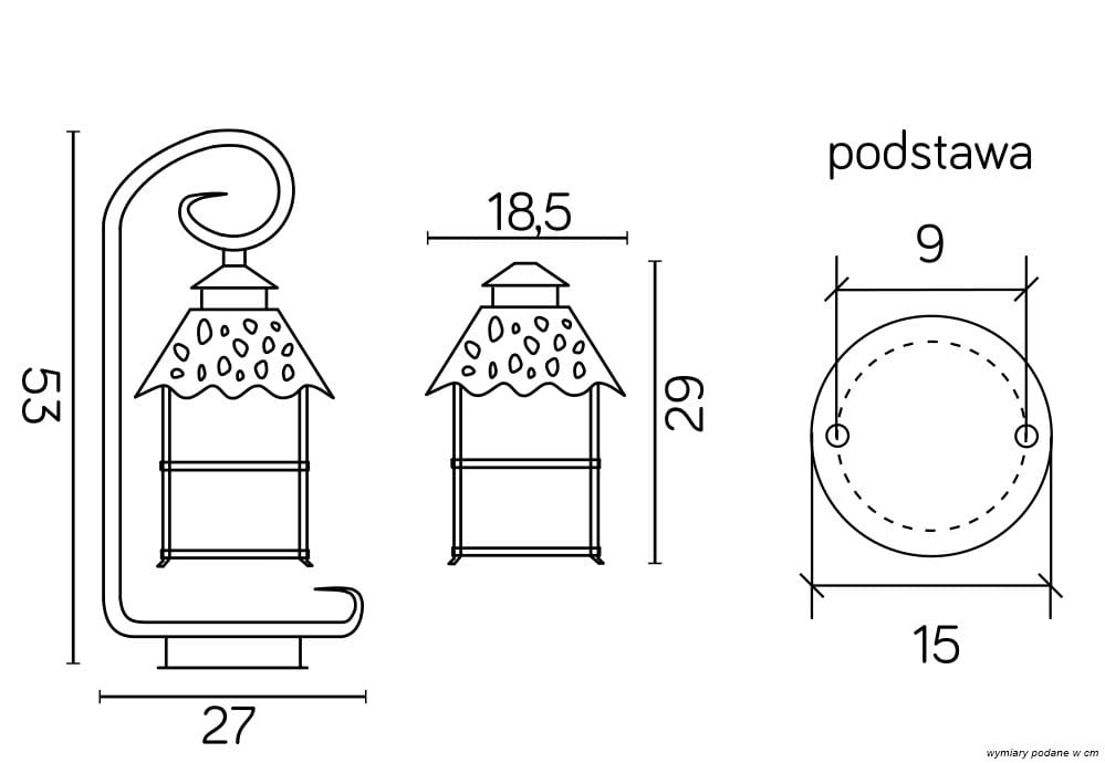 Lampa stojąca ogrodowa Cadiz, czarna, 1-punktowa. Wysokość 53 cm, szerokość podstawy 27 cm. Kształt z dekoracyjnym kloszem. Widoczne wymiary: 18,5 cm (szerokość klosza) i 29 cm (wysokość klosza). Podstawa o średnicy 15 cm.