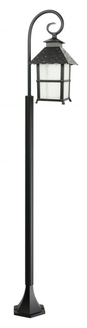 Czarna lampa stojąca ogrodowa Cadiz H146 z 1 punktem świetlnym. Oferuje metalową konstrukcję z ozdobnym kloszem w kształcie latarni, umieszczoną na prostym, stabilnym słupku. Klosz z matowego szkła i dekoracyjnym dachem.