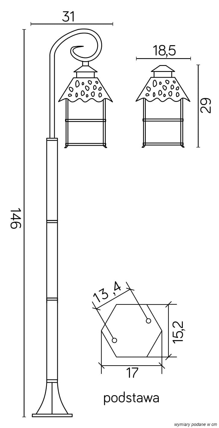 Lampa stojąca ogrodowa Cadiz H146, czarna, z metalowym korpusem, wysokość 146 cm, szerokość 31 cm. Posiada ozdobny klosz z wycięciami, wysokość klosza 29 cm, średnica podstawy 17 cm. Ujęcie z boku, pokazujące detale konstrukcji i wymiary.