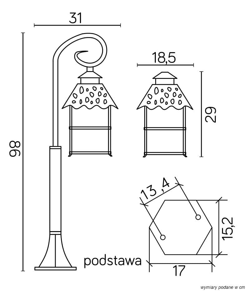 Lampa stojąca ogrodowa Cadiz H86, czarna, o wysokości 98 cm i podstawie w kształcie sześciokąta. Zawiera ozdobny klosz z detalami, złożony z metalowej konstrukcji i szklanych elementów. Wymiary klosza to 18,5 cm szerokości i 29 cm wysokości.