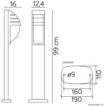 Lampa stojąca ogrodowa City 1-punktowa w kolorze czarnym, wysokość 99 cm, z prostokątną podstawą o średnicy 9 cm. W górnej części znajduje się klosz z poziomymi szczelinami, zapewniający rozproszone światło.