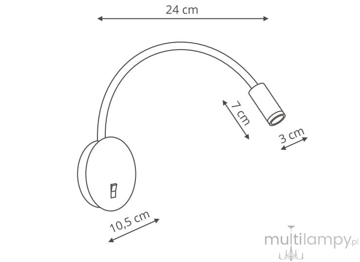 Czarny kinkiet LED Senise 1-punktowy, z okrągłą podstawą o średnicy 10,5 cm i elastycznym ramieniem długości 24 cm. Główka ma średnicę 3 cm i długość 7 cm. Prosty, nowoczesny design idealny do różnych wnętrz.