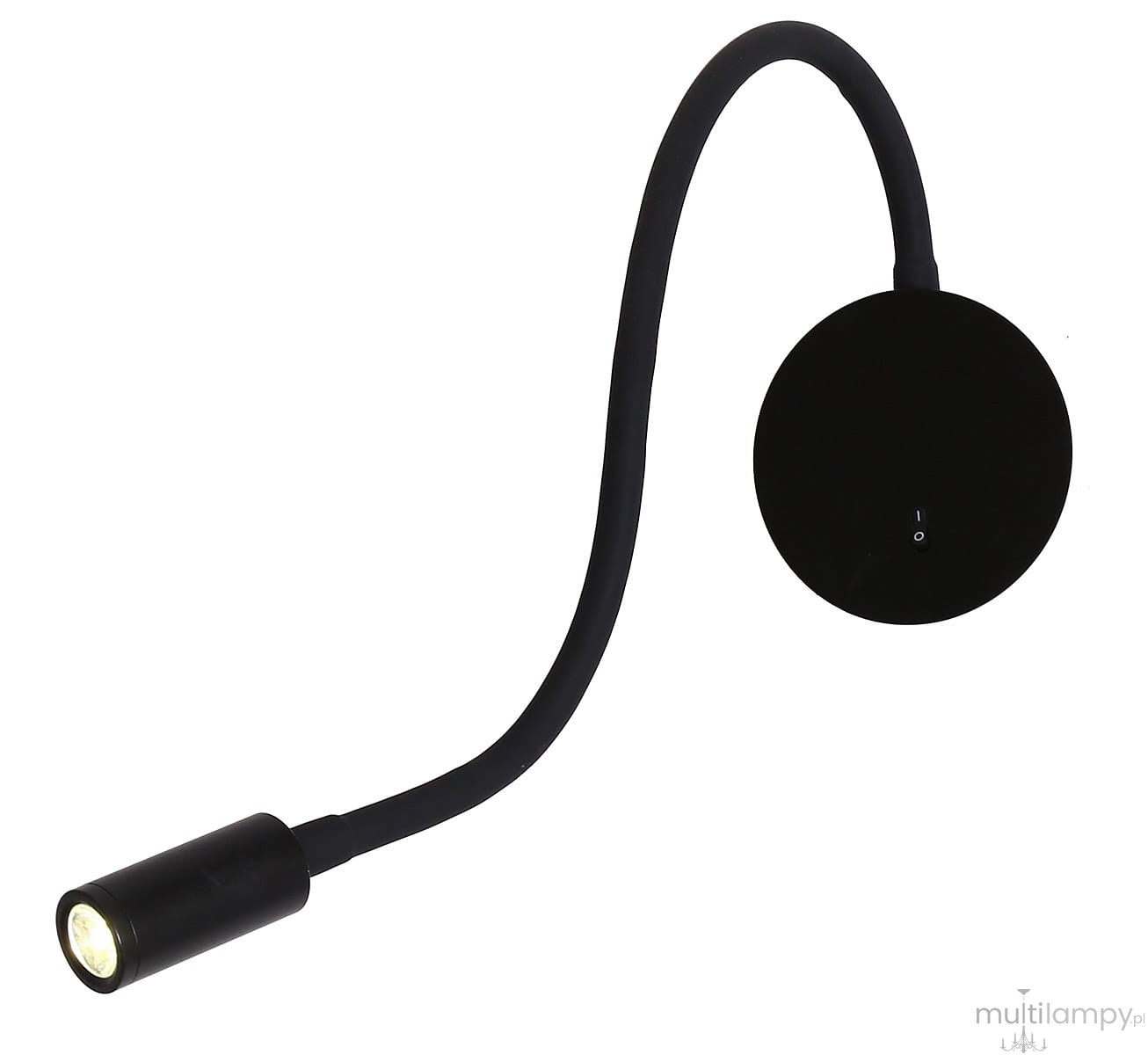 Kinkiet LED Senise LP-2021/1W BK w kolorze czarnym, z elastycznym ramieniem prowadzącym do okrągłej podstawy. Lampa ma prosty, nowoczesny design, z widocznym włącznikiem na obudowie. Ujęcie z boku, prezentujące kierunek światła.