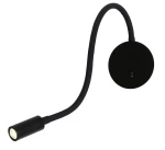 Kinkiet LED Senise LP-2021/1W BK w kolorze czarnym, z elastycznym ramieniem prowadzącym do okrągłej podstawy. Lampa ma prosty, nowoczesny design, z widocznym włącznikiem na obudowie. Ujęcie z boku, prezentujące kierunek światła.