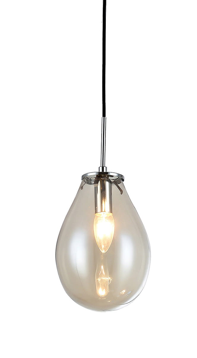 Lampa wisząca Fondi LP-1214/3P w kształcie kropli, z przezroczystym szklanym kloszem w kolorze szaro-przezroczystym. Wisi na czarnym przewodzie, z metalowym mocowaniem. Widoczna żarówka wewnętrzna, emitująca ciepłe światło.