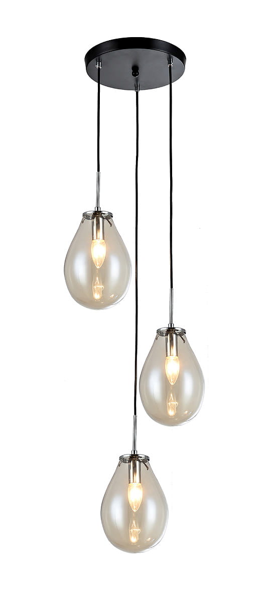 Lampa wisząca 3-punktowa Fondi LP-1214/3P z trzema szklanymi kloszami w kształcie kropli, zawieszonymi na czarnych kablach. Kluczowy element to minimalistyczny design i chromowane wykończenia. Klosze są przezroczyste, co eksponuje źródła światła.