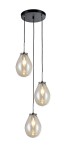 Lampa wisząca 3-punktowa Fondi LP-1214/3P z trzema szklanymi kloszami w kształcie kropli, zawieszonymi na czarnych kablach. Kluczowy element to minimalistyczny design i chromowane wykończenia. Klosze są przezroczyste, co eksponuje źródła światła.